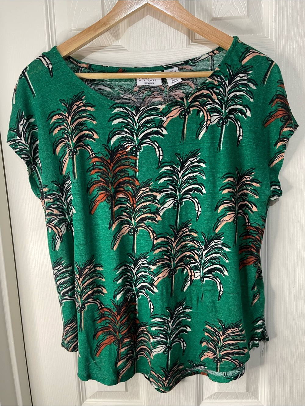Nicole Miller Green Boxy Palm Tree Print 100% linen Breathable XL top